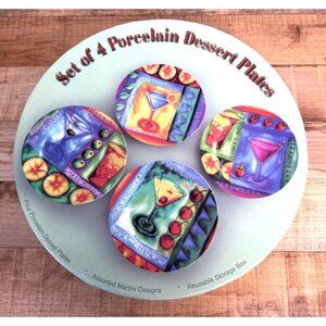 Set Of 4 Martini Cocktail Design Porcelain Dessert Plates With Decorative Storag